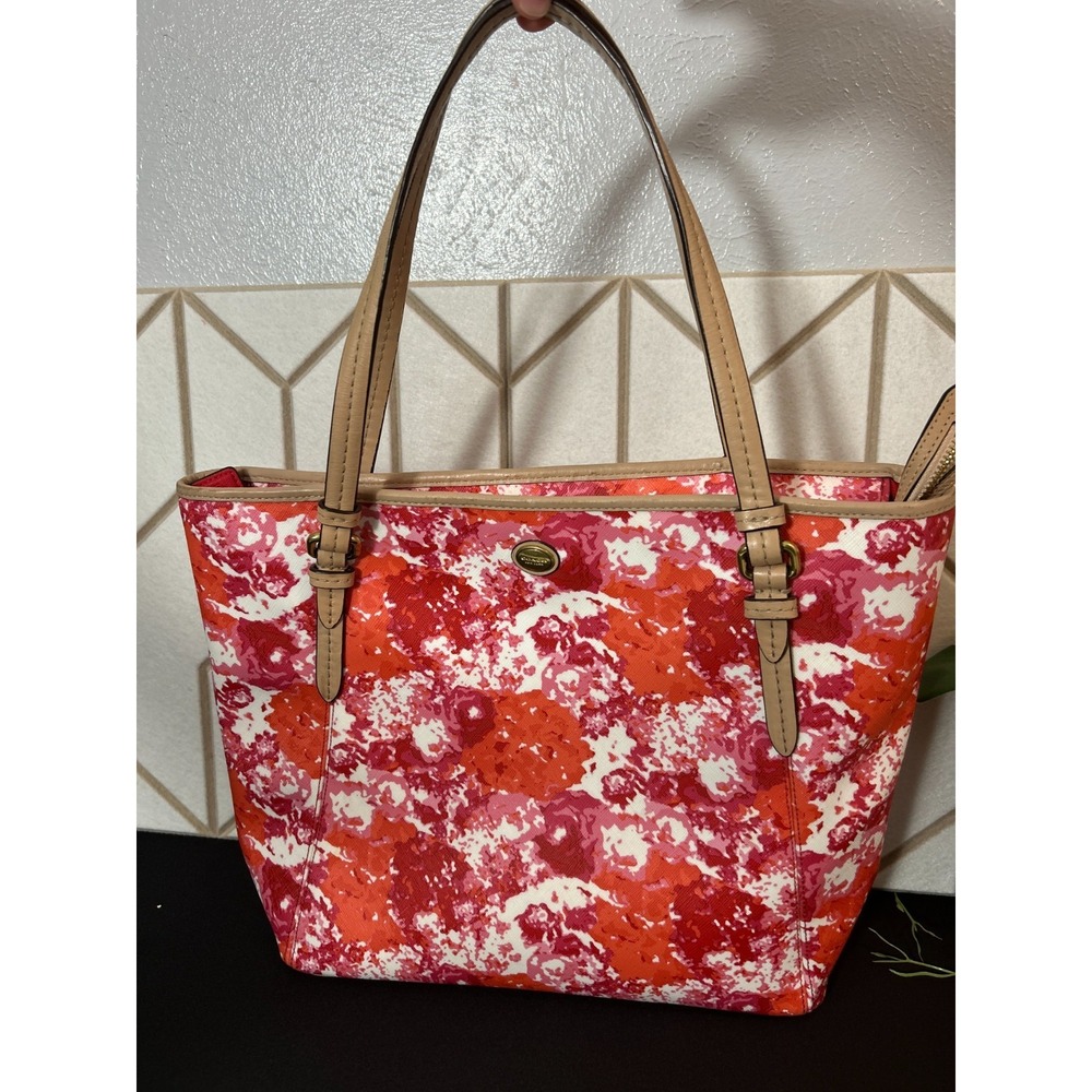 Coach Peyton Floral Print‎ Top Handle Tote Bag Pink Orange White Leather Bag